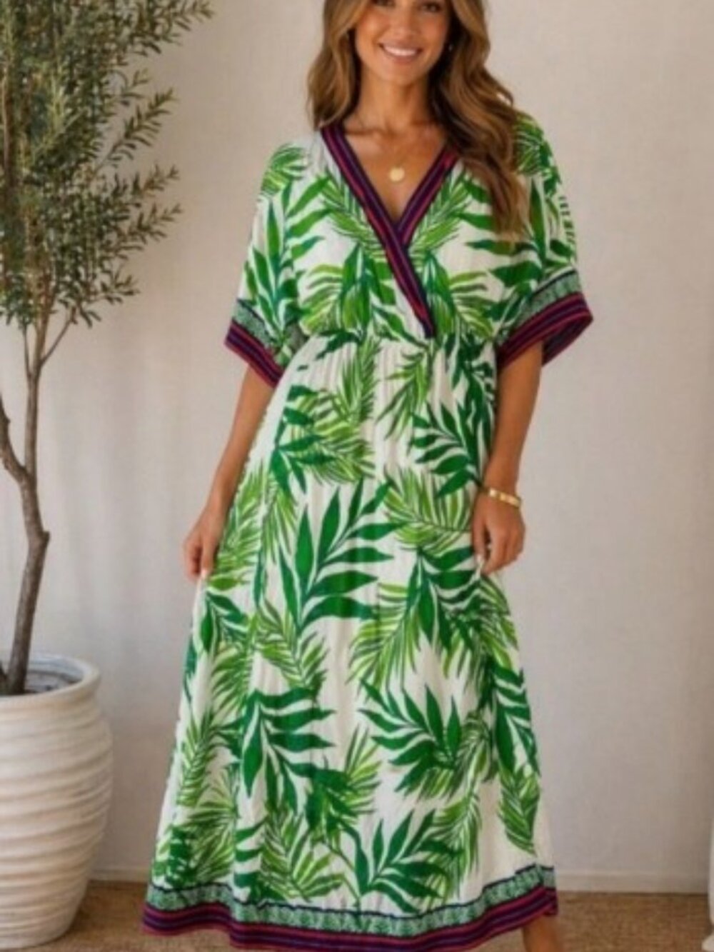 FLYING TOMATO by Anthropologie Palm Leaf Maxi Dress Green White Large